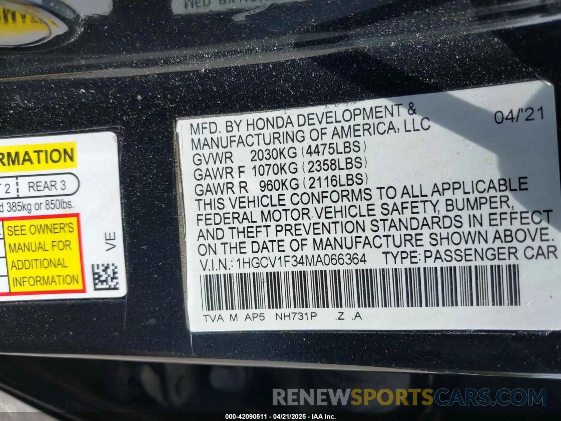 9 Фотография поврежденного автомобиля 1HGCV1F34MA066364 HONDA ACCORD 2021