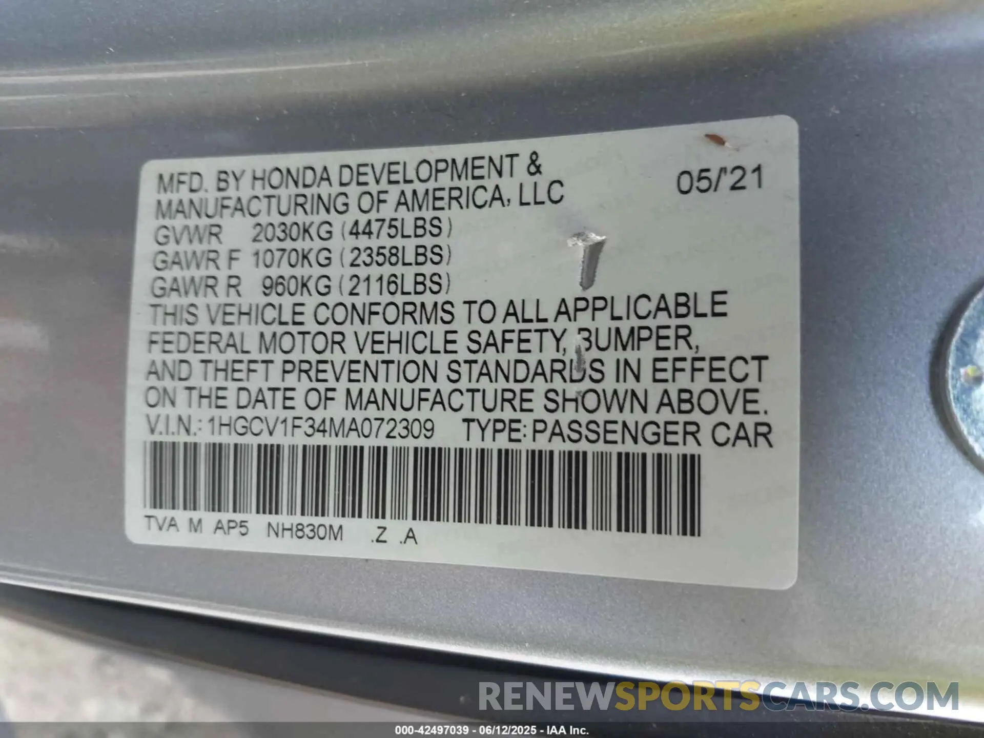 9 Фотография поврежденного автомобиля 1HGCV1F34MA072309 HONDA ACCORD 2021
