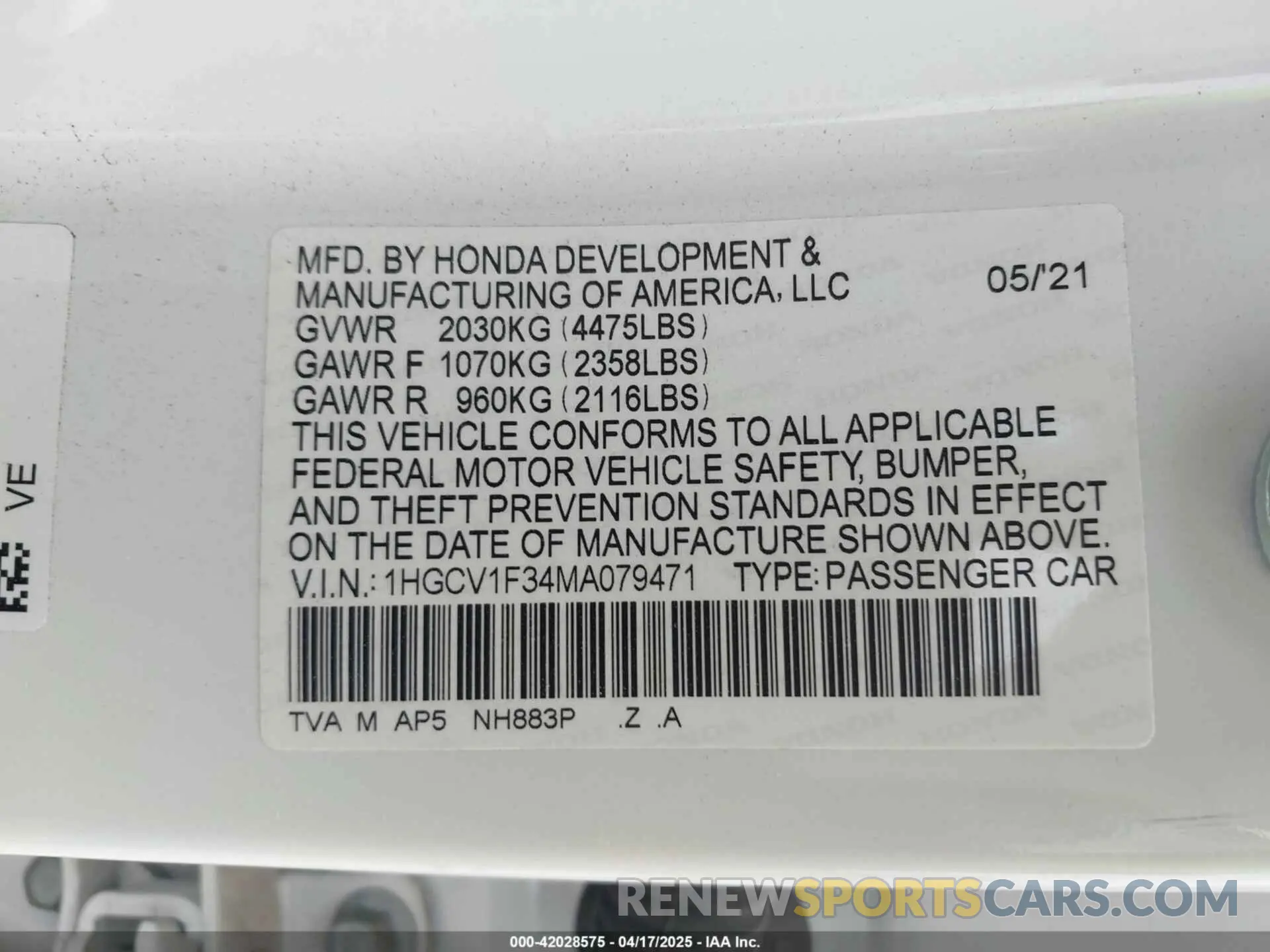 9 Photograph of a damaged car 1HGCV1F34MA079471 HONDA ACCORD 2021