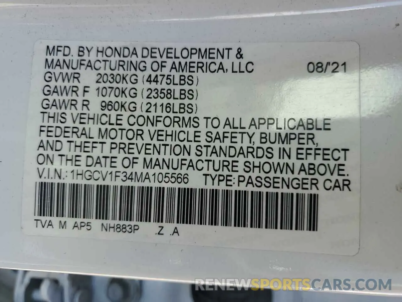 12 Фотография поврежденного автомобиля 1HGCV1F34MA105566 HONDA ACCORD 2021