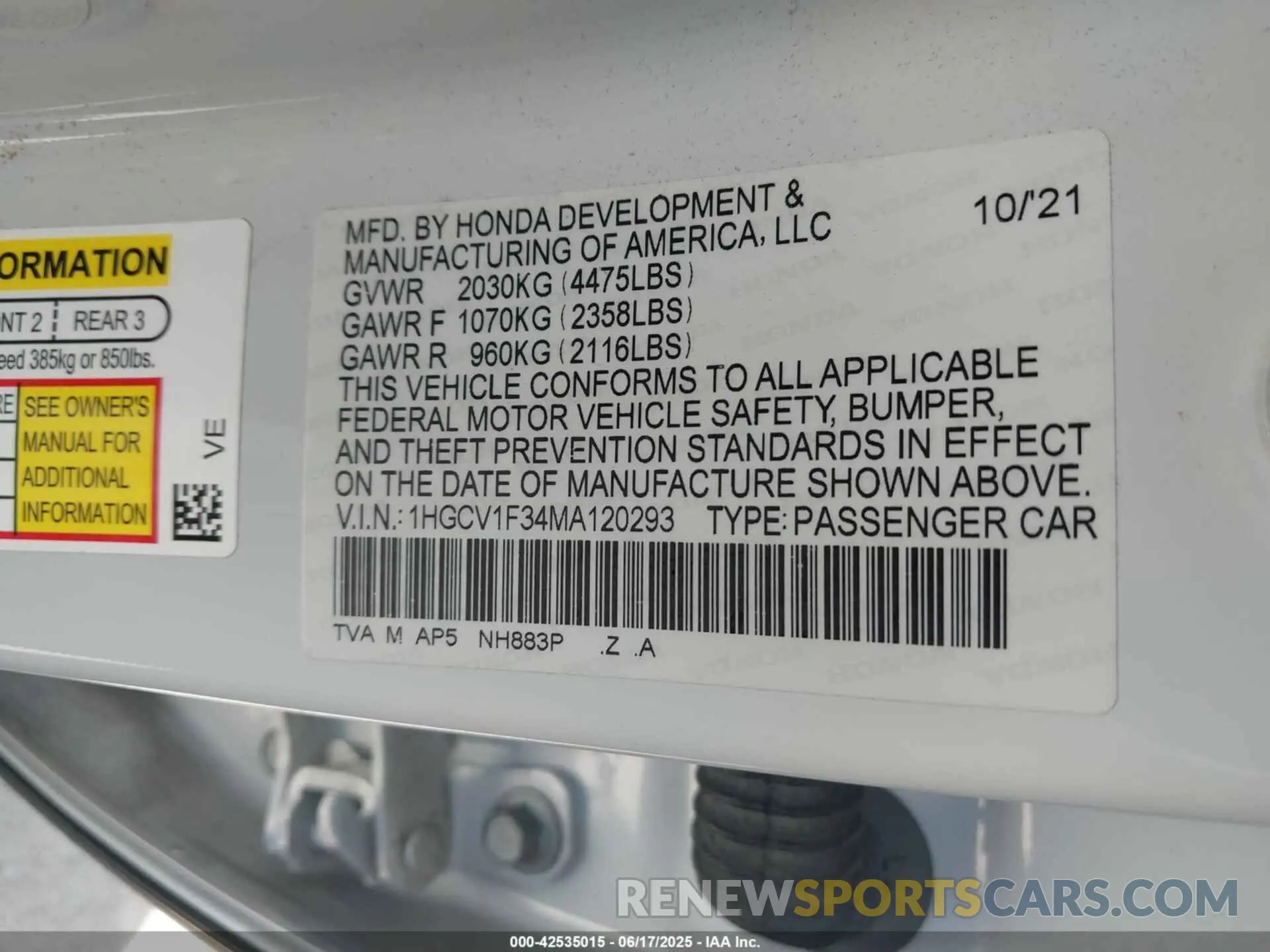 9 Фотография поврежденного автомобиля 1HGCV1F34MA120293 HONDA ACCORD 2021