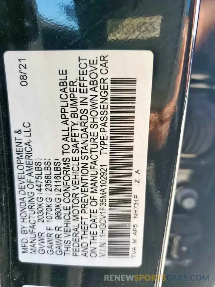 15 Фотография поврежденного автомобиля 1HGCV1F35MA102921 HONDA ACCORD 2021