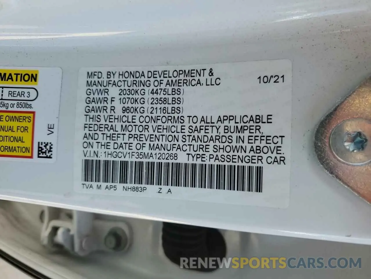 12 Фотография поврежденного автомобиля 1HGCV1F35MA120268 HONDA ACCORD 2021