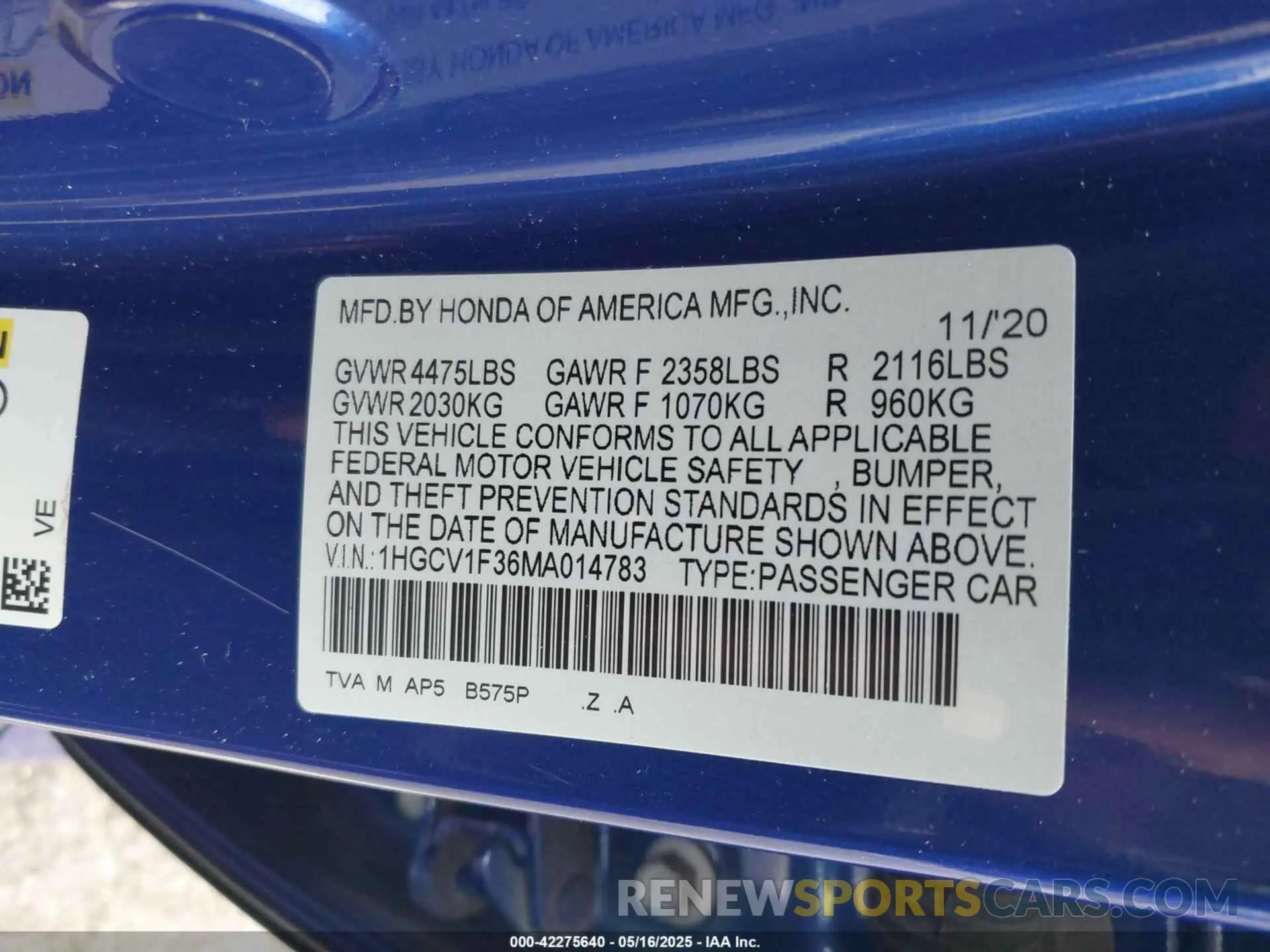 9 Photograph of a damaged car 1HGCV1F36MA014783 HONDA ACCORD 2021