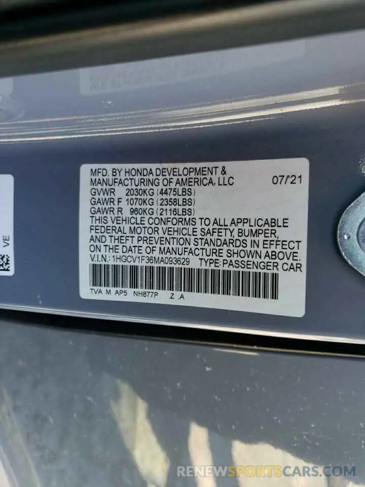 12 Photograph of a damaged car 1HGCV1F36MA093629 HONDA ACCORD 2021