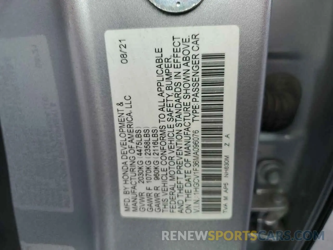 12 Photograph of a damaged car 1HGCV1F36MA096076 HONDA ACCORD 2021