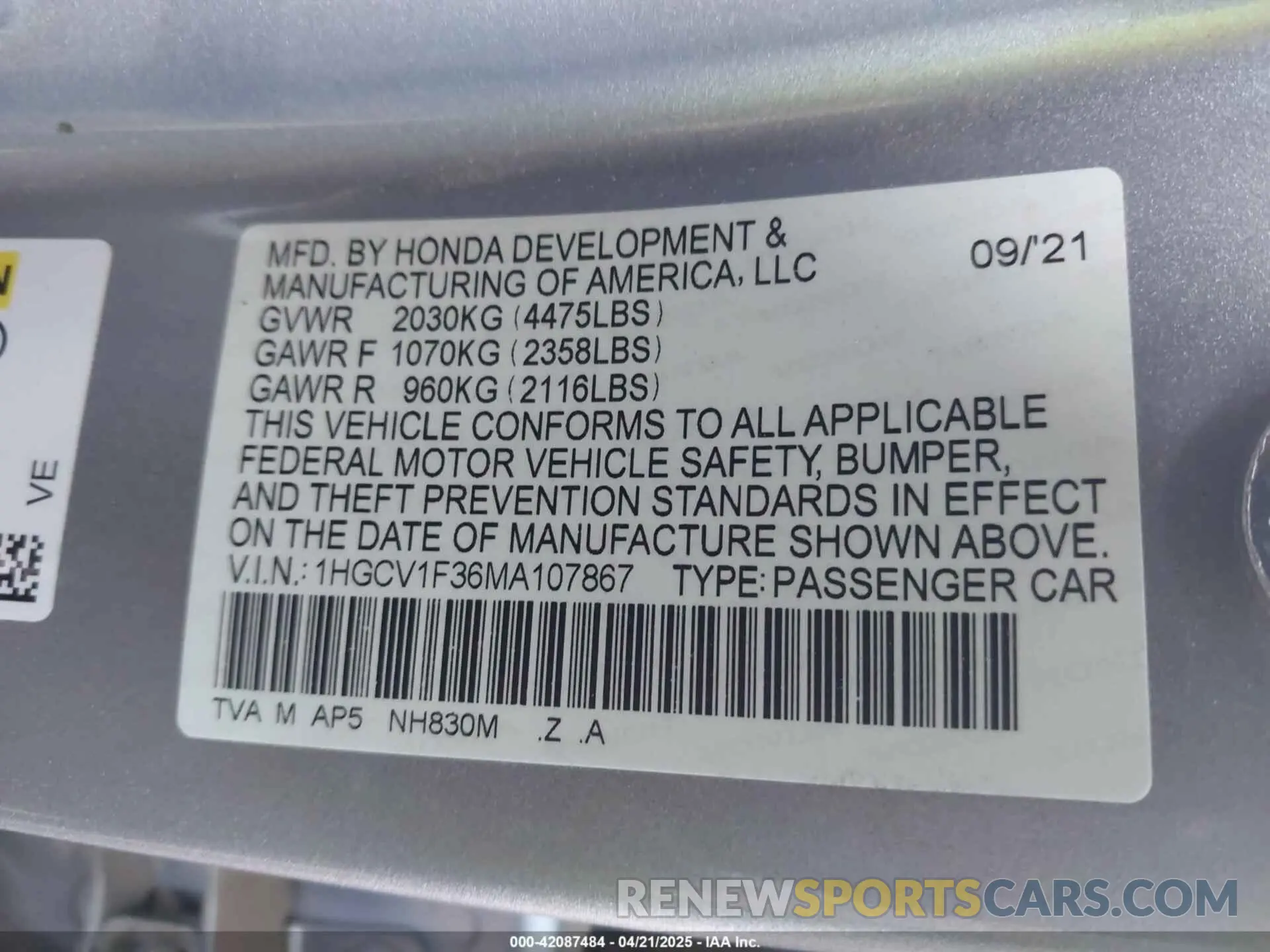 9 Фотография поврежденного автомобиля 1HGCV1F36MA107867 HONDA ACCORD 2021