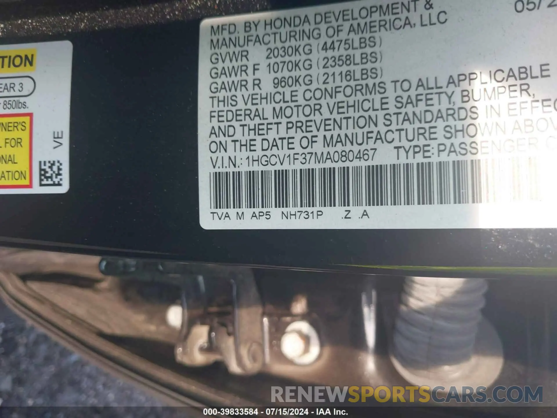 9 Photograph of a damaged car 1HGCV1F37MA080467 HONDA ACCORD 2021