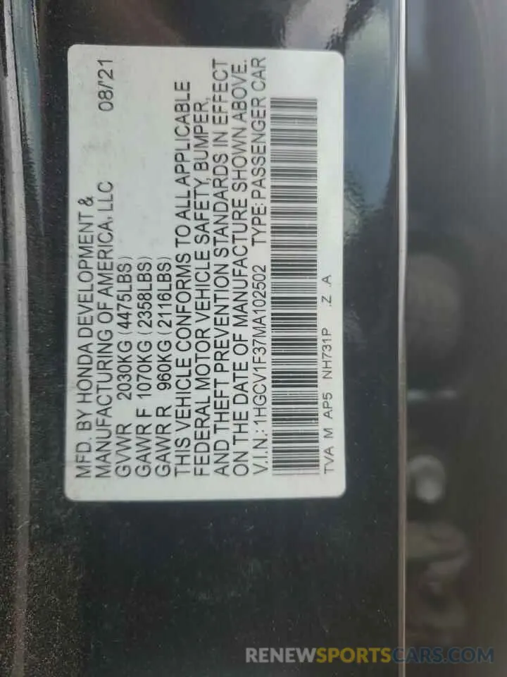 12 Фотография поврежденного автомобиля 1HGCV1F37MA102502 HONDA ACCORD 2021