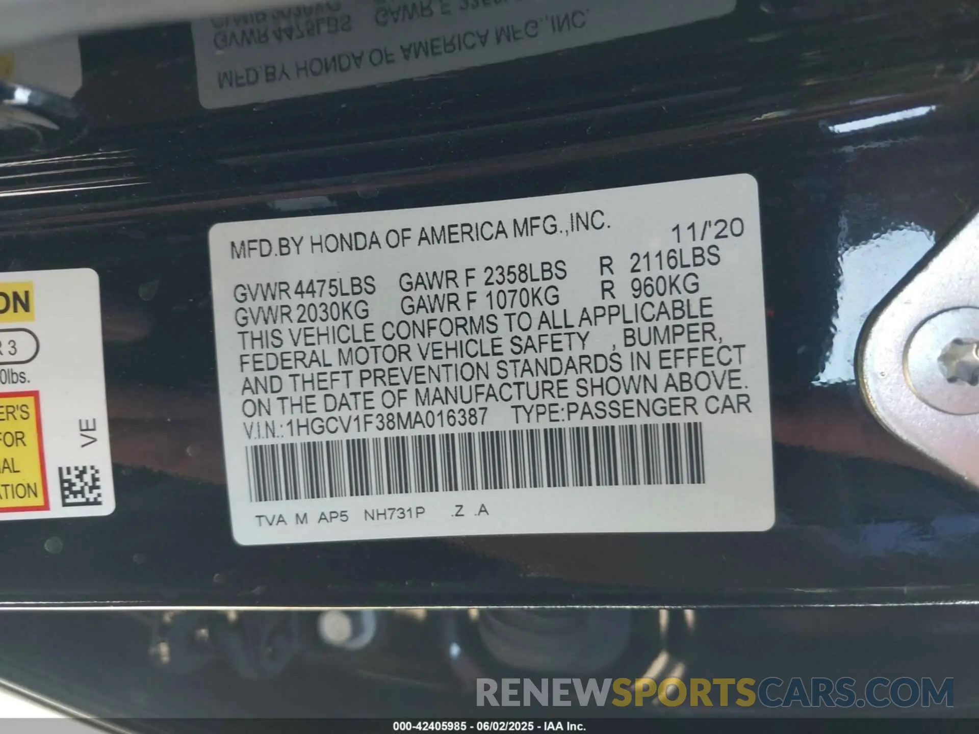 9 Photograph of a damaged car 1HGCV1F38MA016387 HONDA ACCORD 2021