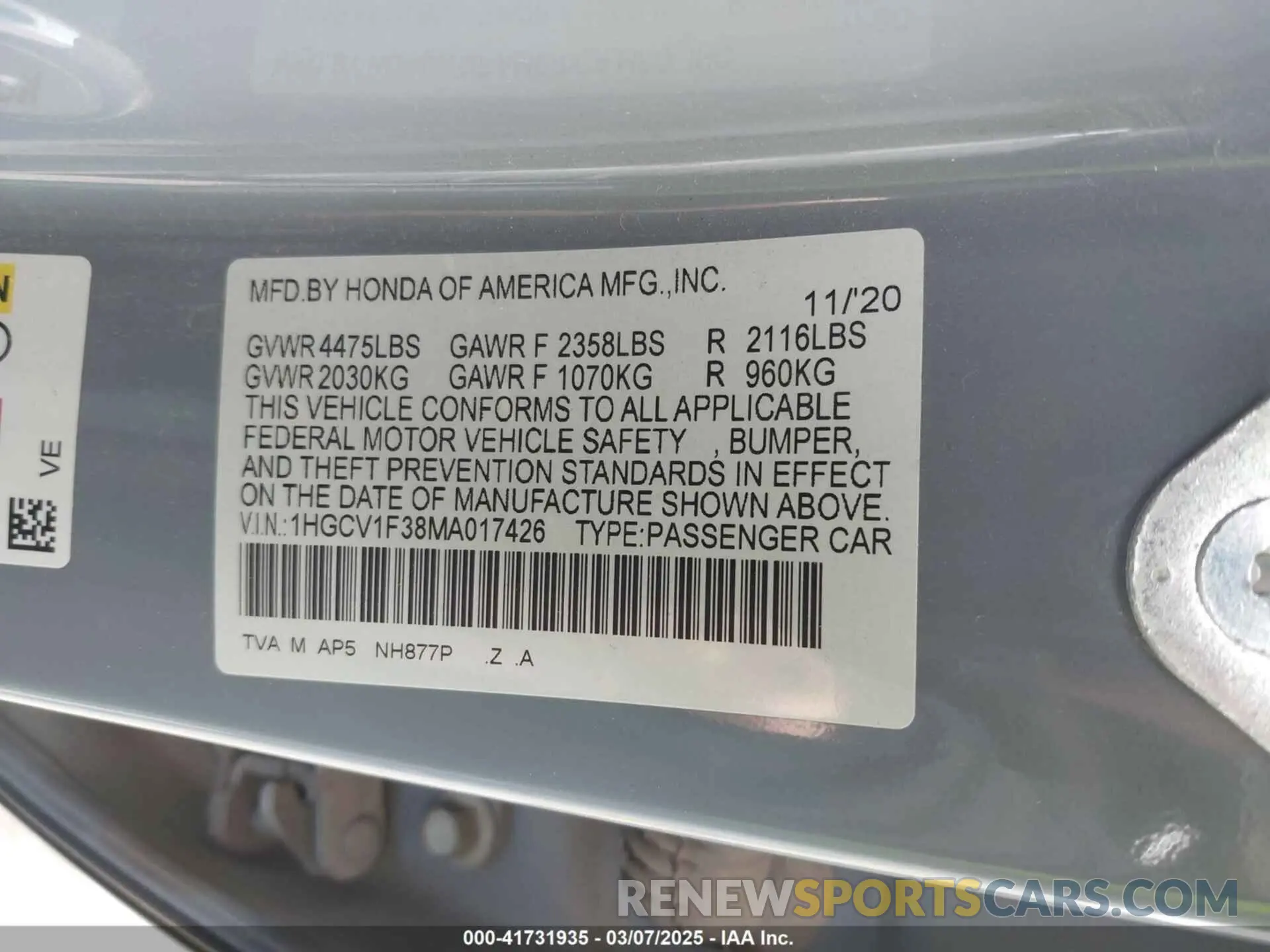 9 Photograph of a damaged car 1HGCV1F38MA017426 HONDA ACCORD 2021
