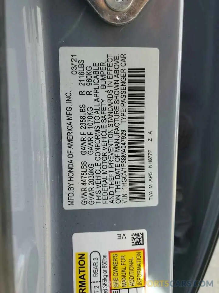 12 Фотография поврежденного автомобиля 1HGCV1F38MA047929 HONDA ACCORD 2021