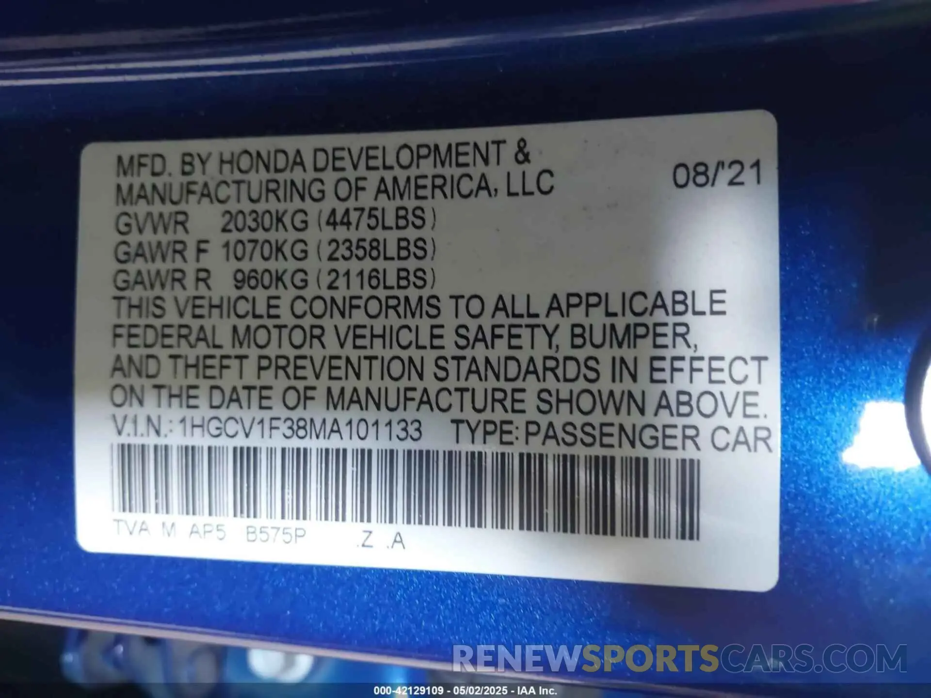 9 Фотография поврежденного автомобиля 1HGCV1F38MA101133 HONDA ACCORD 2021