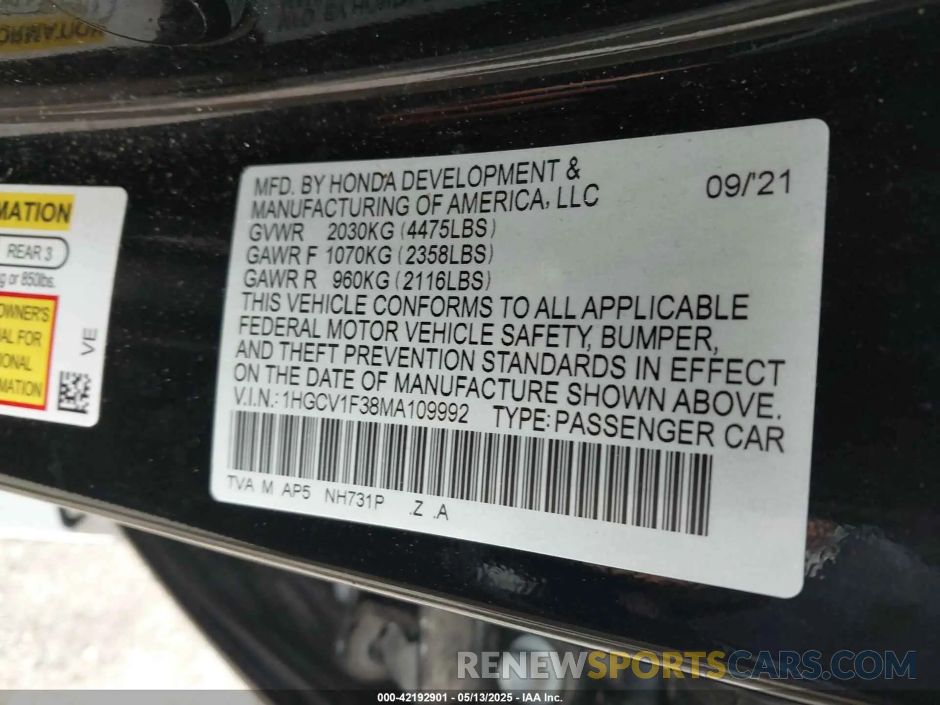 9 Фотография поврежденного автомобиля 1HGCV1F38MA109992 HONDA ACCORD 2021