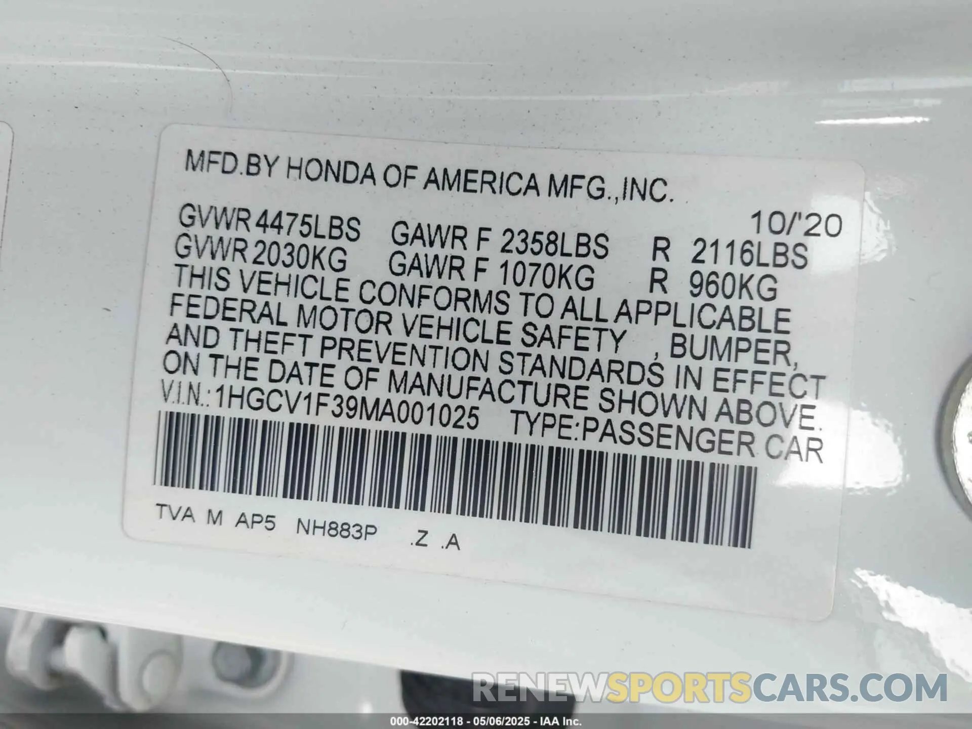 9 Photograph of a damaged car 1HGCV1F39MA001025 HONDA ACCORD 2021