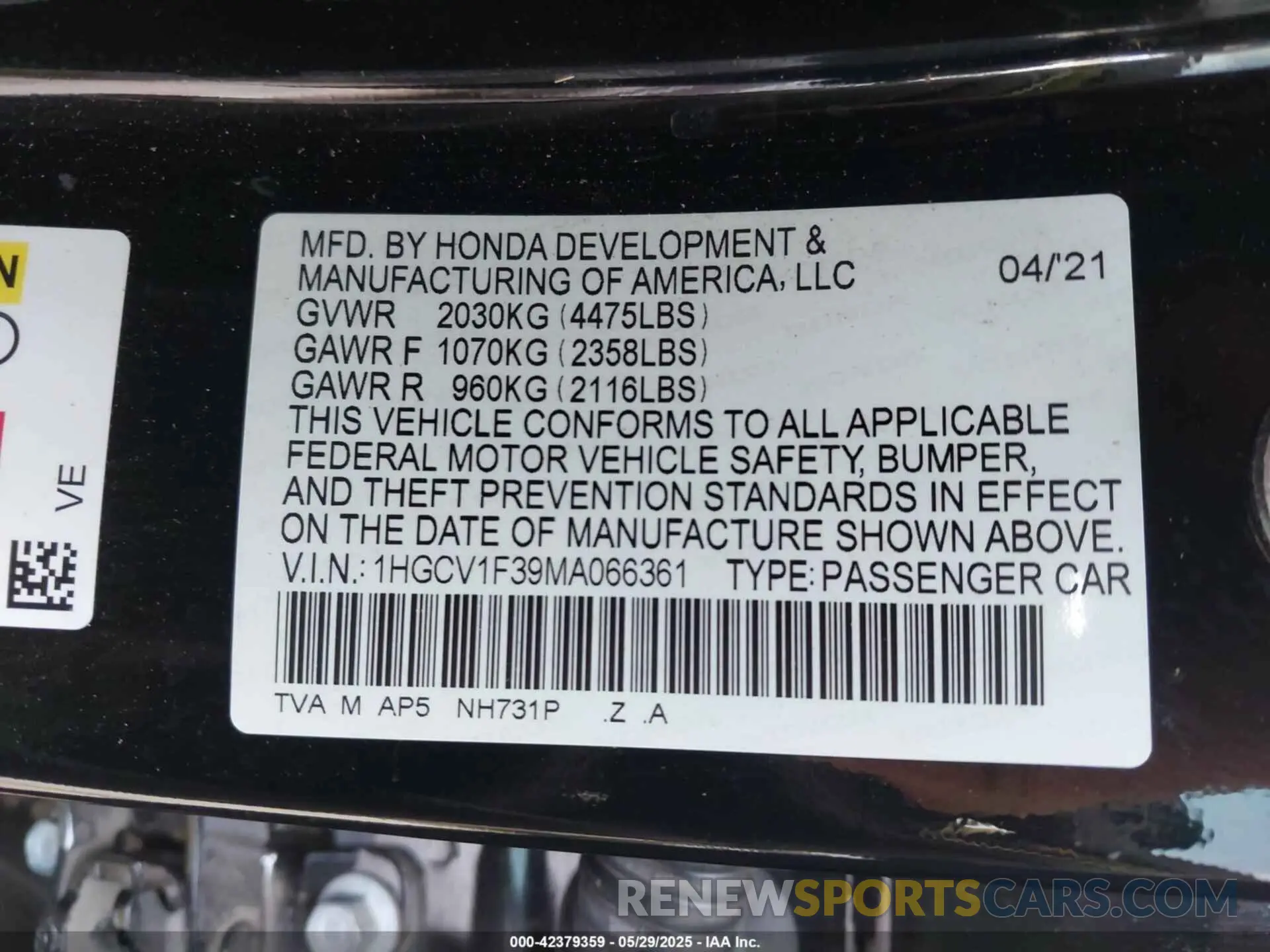 9 Photograph of a damaged car 1HGCV1F39MA066361 HONDA ACCORD 2021