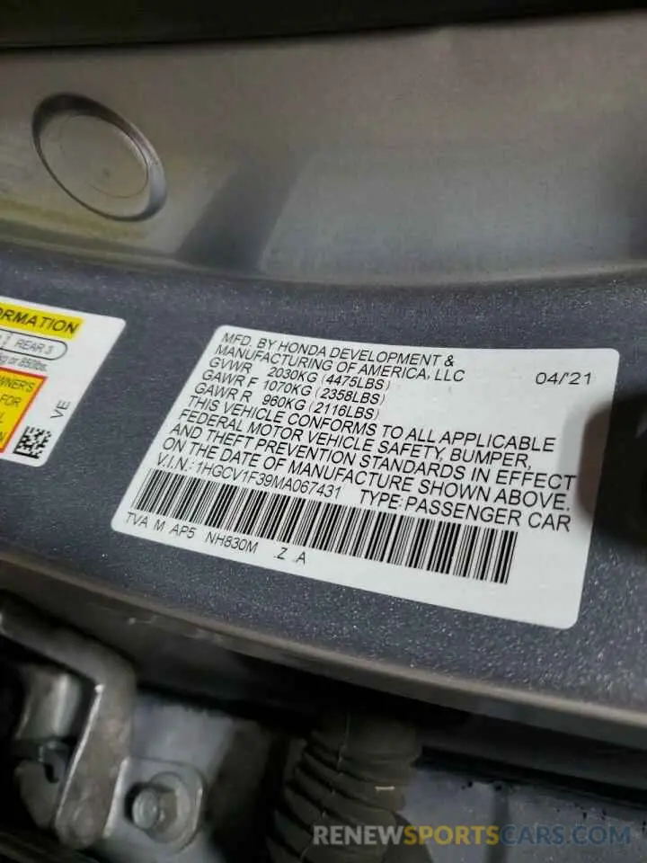 14 Фотография поврежденного автомобиля 1HGCV1F39MA067431 HONDA ACCORD 2021