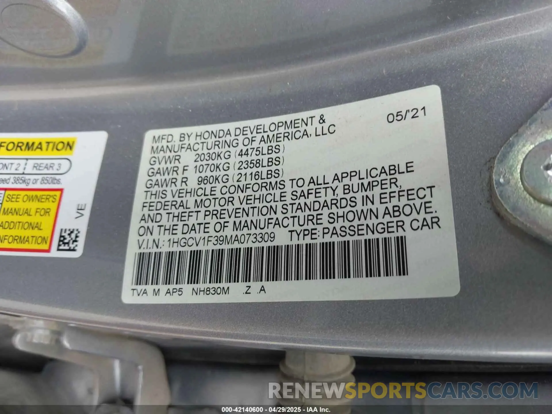 9 Photograph of a damaged car 1HGCV1F39MA073309 HONDA ACCORD 2021
