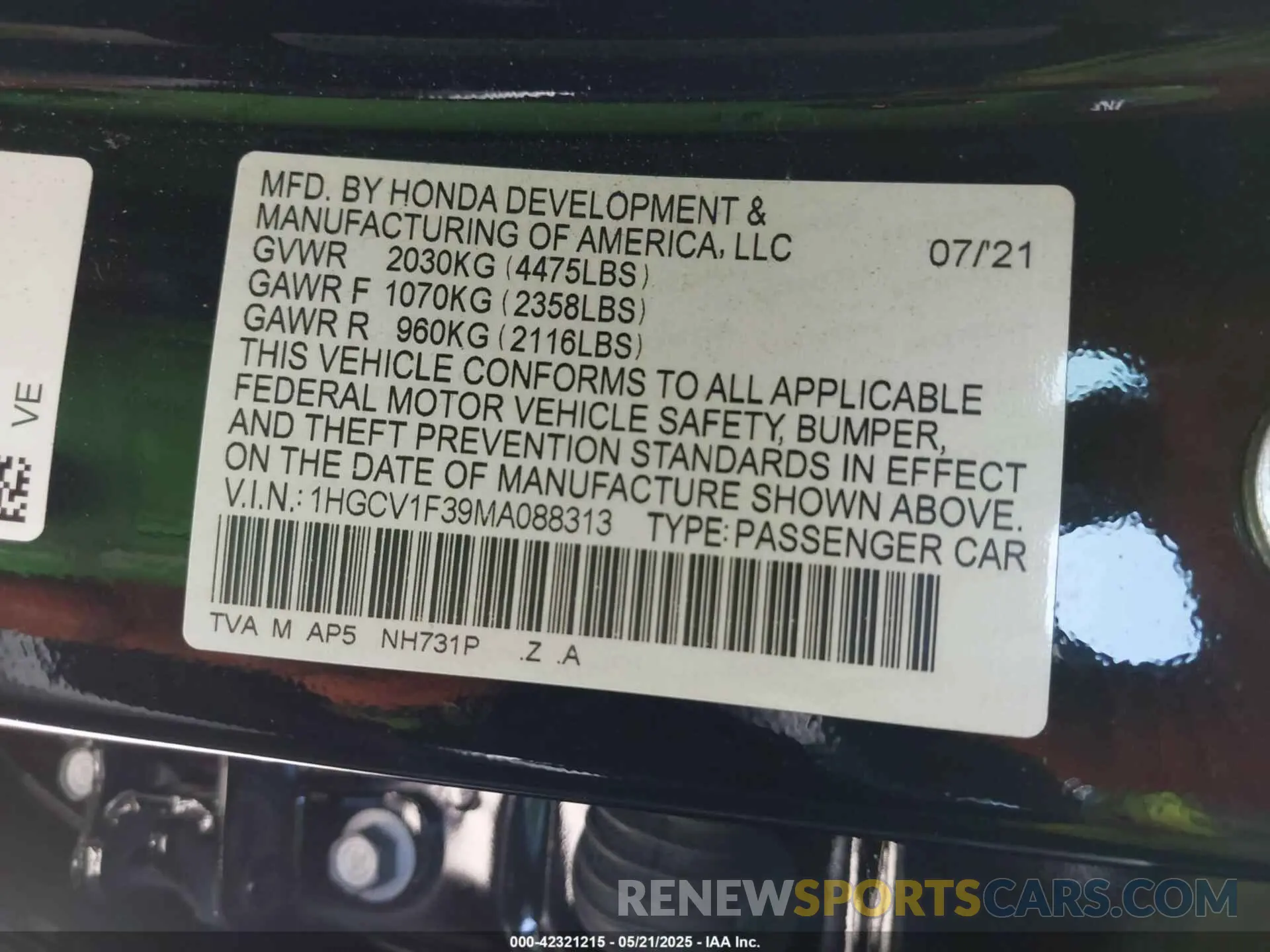 9 Фотография поврежденного автомобиля 1HGCV1F39MA088313 HONDA ACCORD 2021