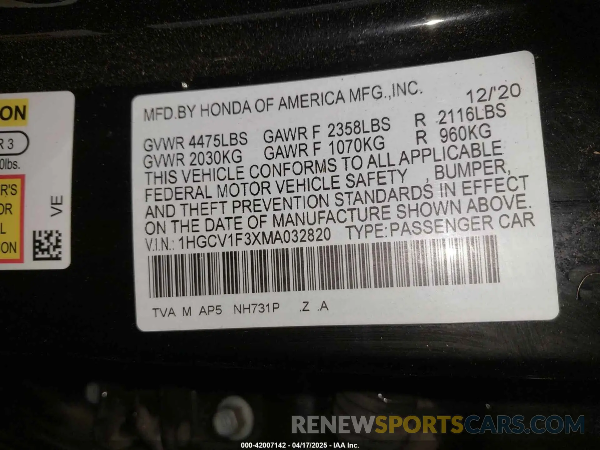 9 Фотография поврежденного автомобиля 1HGCV1F3XMA032820 HONDA ACCORD 2021
