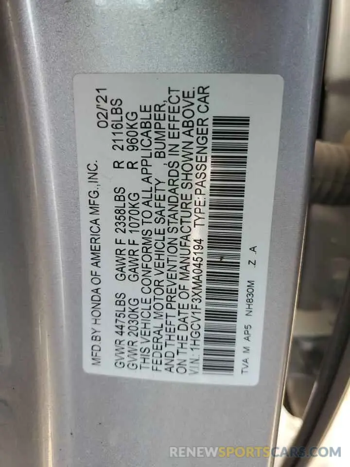 12 Photograph of a damaged car 1HGCV1F3XMA045194 HONDA ACCORD 2021