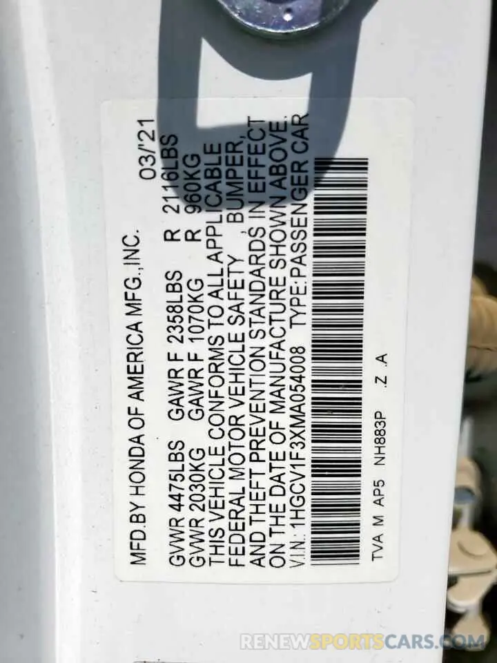 13 Фотография поврежденного автомобиля 1HGCV1F3XMA054008 HONDA ACCORD 2021