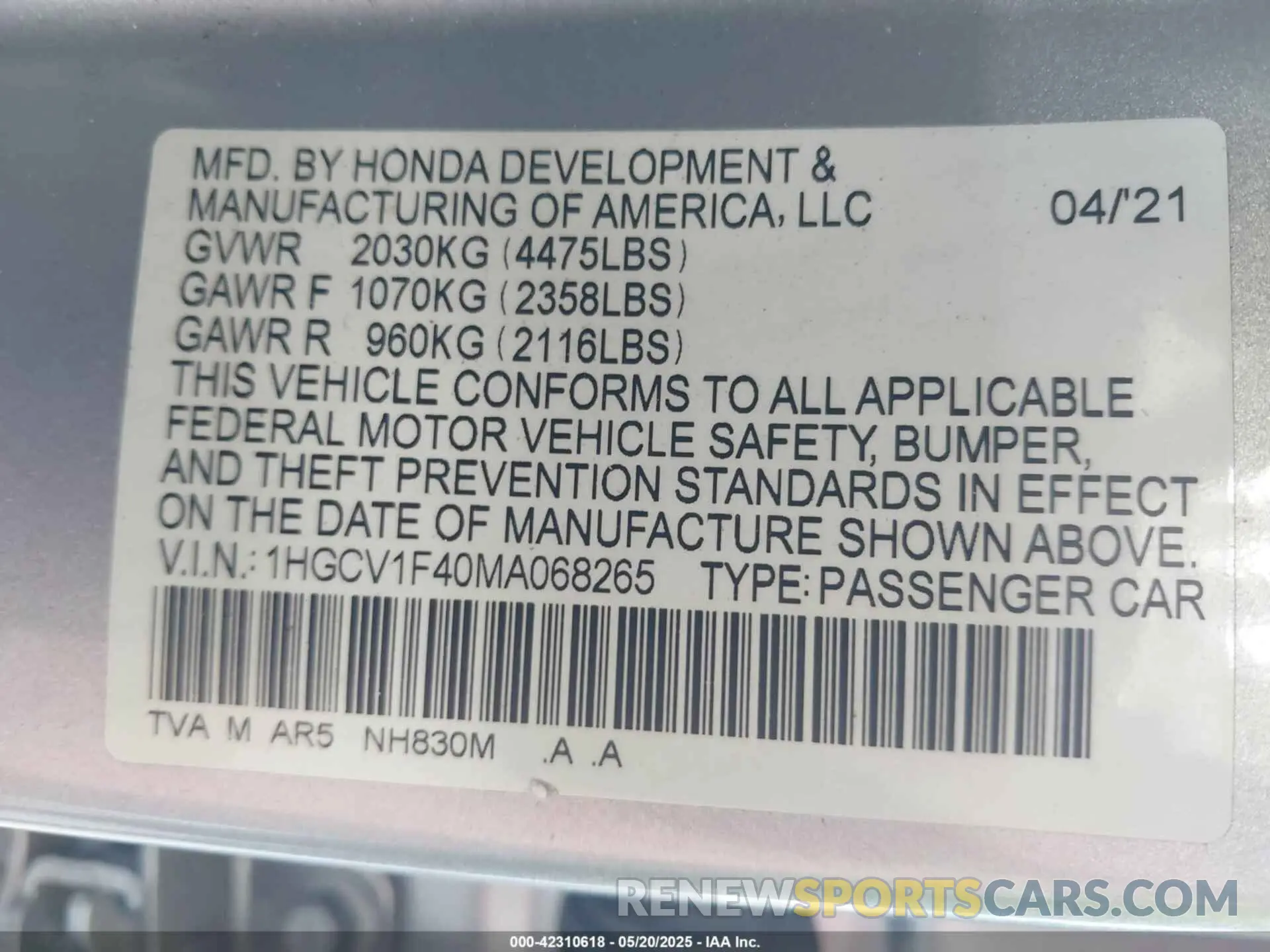 9 Photograph of a damaged car 1HGCV1F40MA068265 HONDA ACCORD 2021