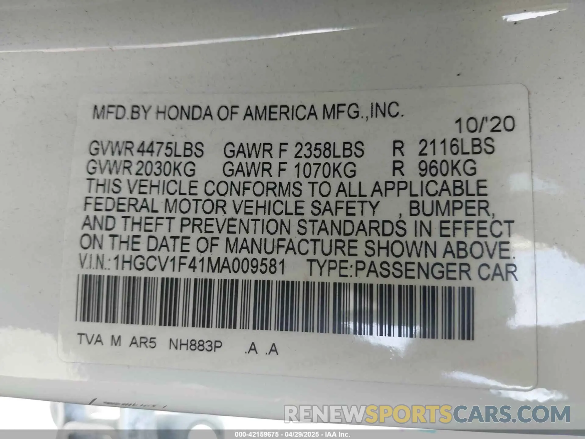 9 Фотография поврежденного автомобиля 1HGCV1F41MA009581 HONDA ACCORD 2021