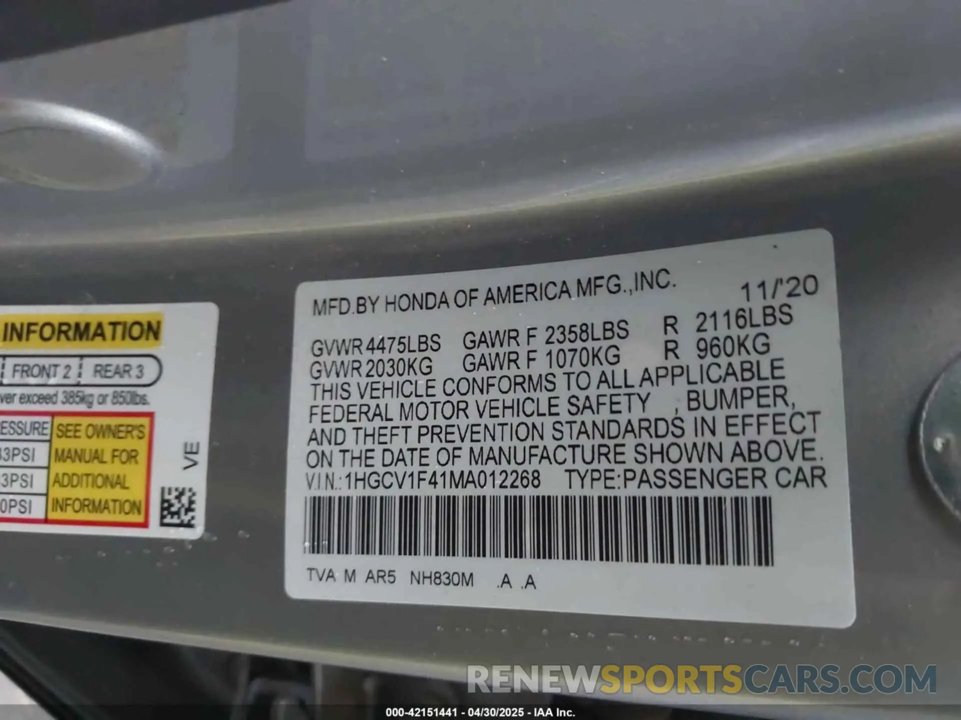 9 Photograph of a damaged car 1HGCV1F41MA012268 HONDA ACCORD 2021