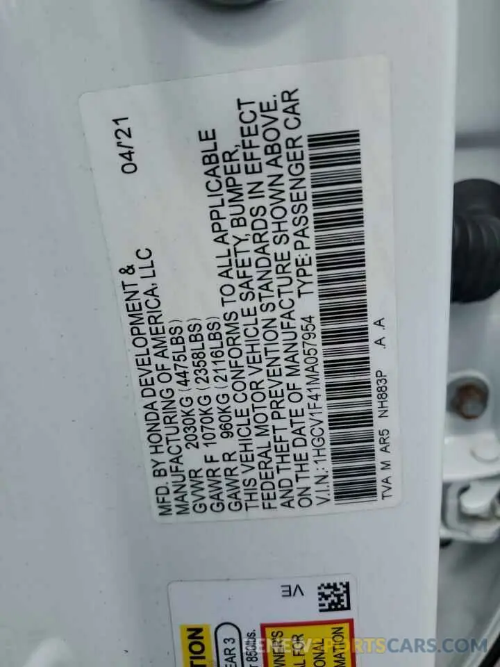 12 Photograph of a damaged car 1HGCV1F41MA057954 HONDA ACCORD 2021