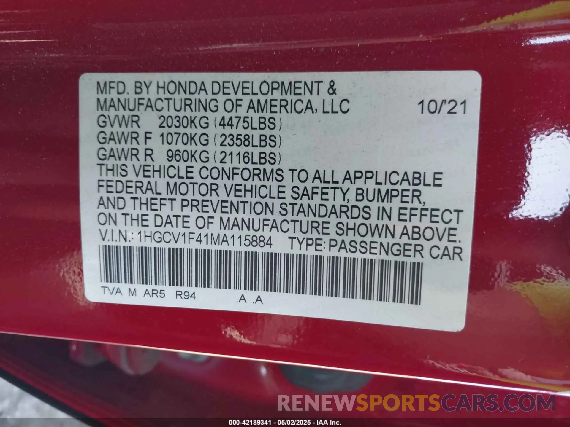 9 Photograph of a damaged car 1HGCV1F41MA115884 HONDA ACCORD 2021