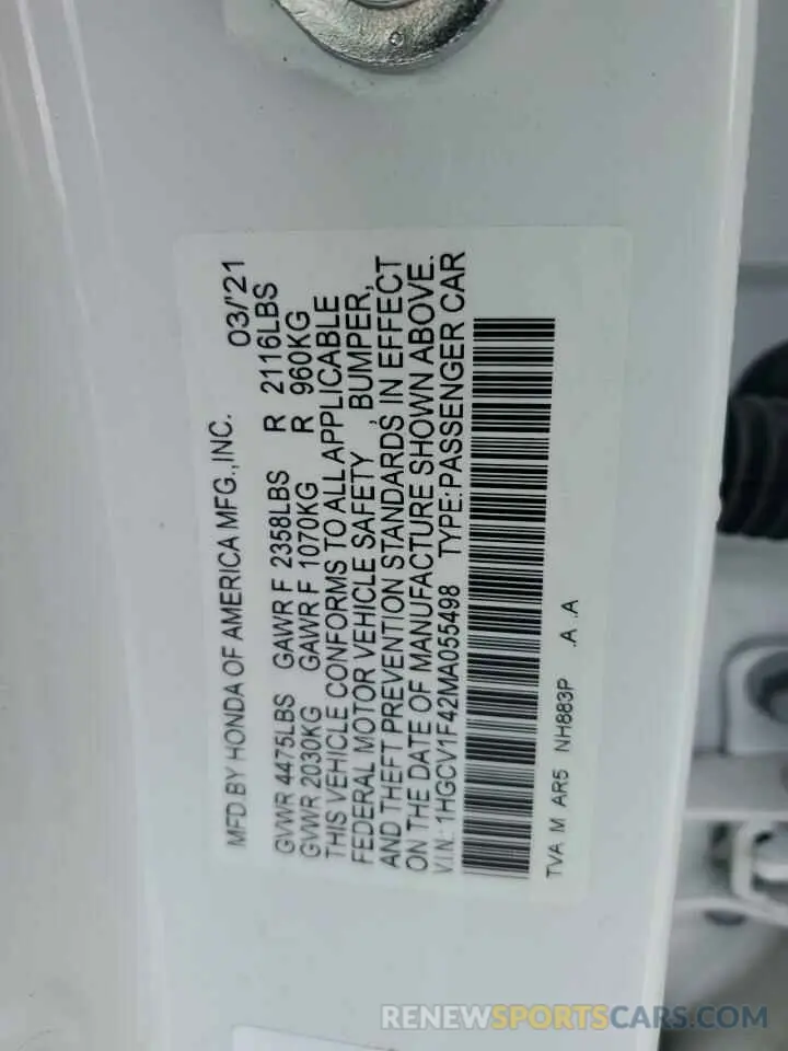12 Фотография поврежденного автомобиля 1HGCV1F42MA055498 HONDA ACCORD 2021