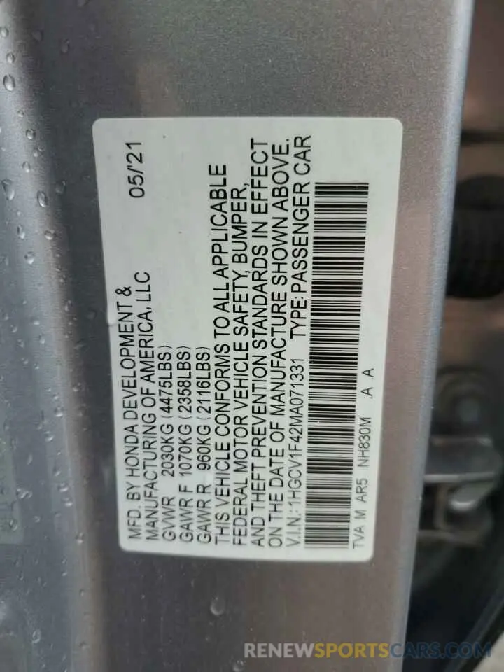 13 Photograph of a damaged car 1HGCV1F42MA071331 HONDA ACCORD 2021