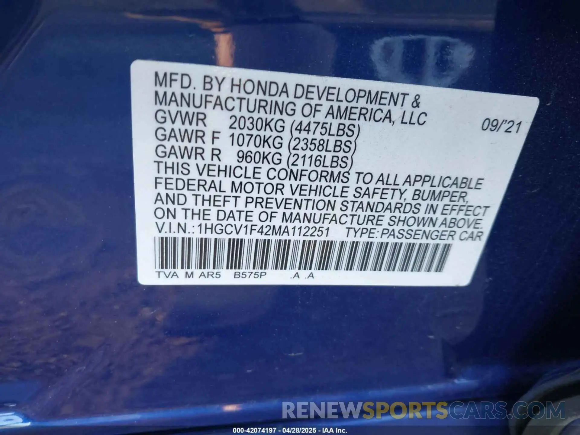 9 Фотография поврежденного автомобиля 1HGCV1F42MA112251 HONDA ACCORD 2021