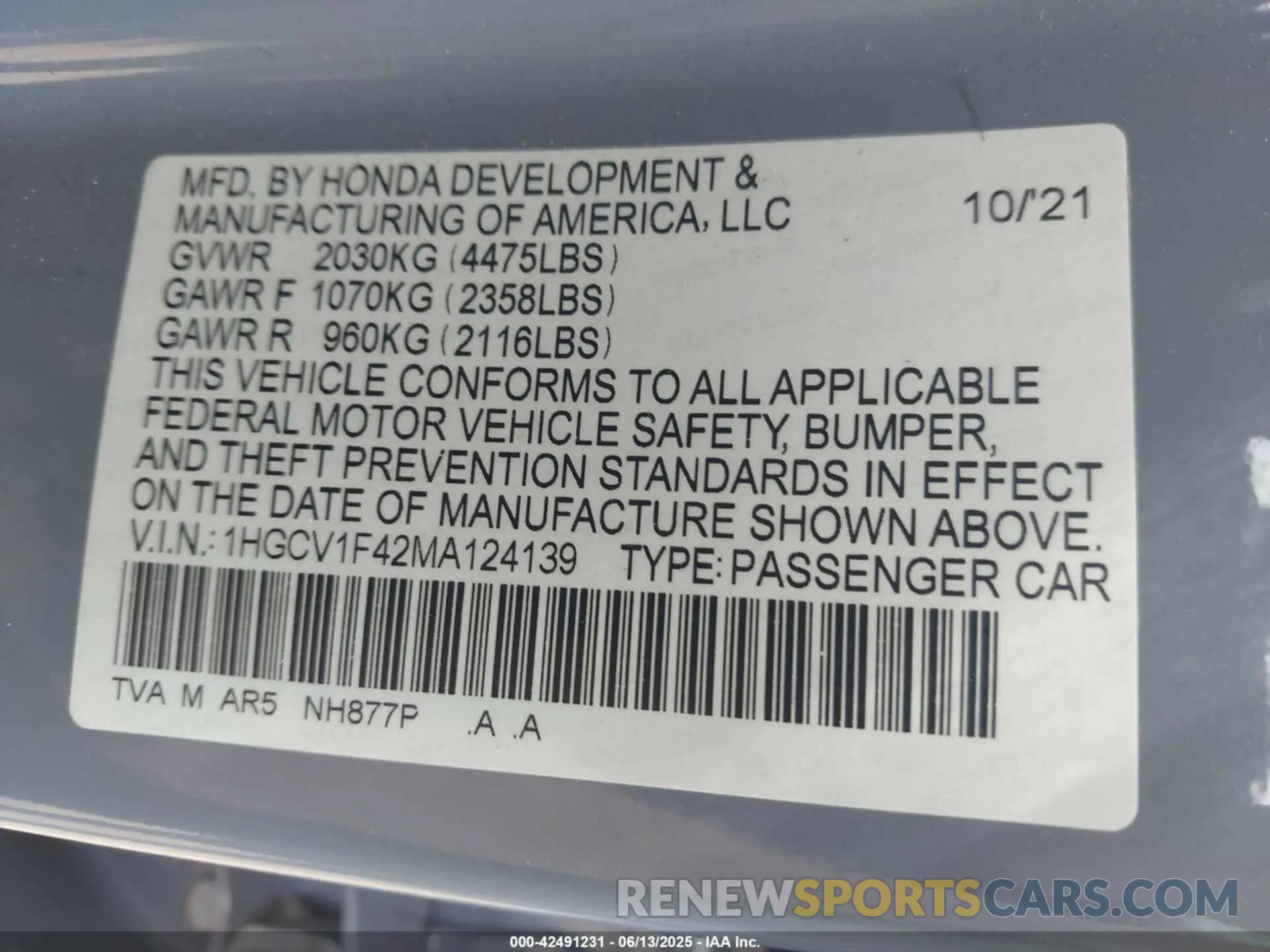 9 Photograph of a damaged car 1HGCV1F42MA124139 HONDA ACCORD 2021
