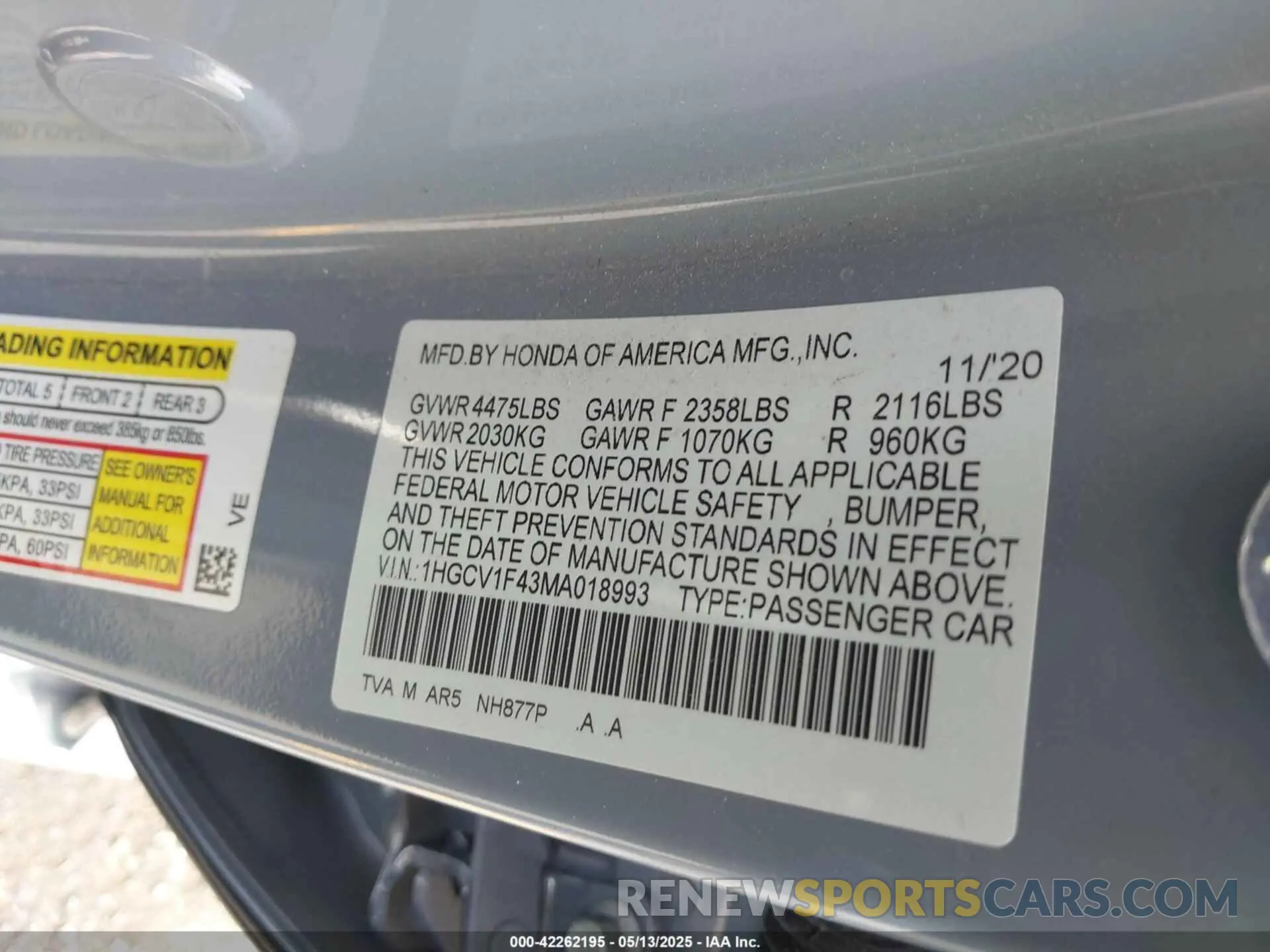9 Photograph of a damaged car 1HGCV1F43MA018993 HONDA ACCORD 2021