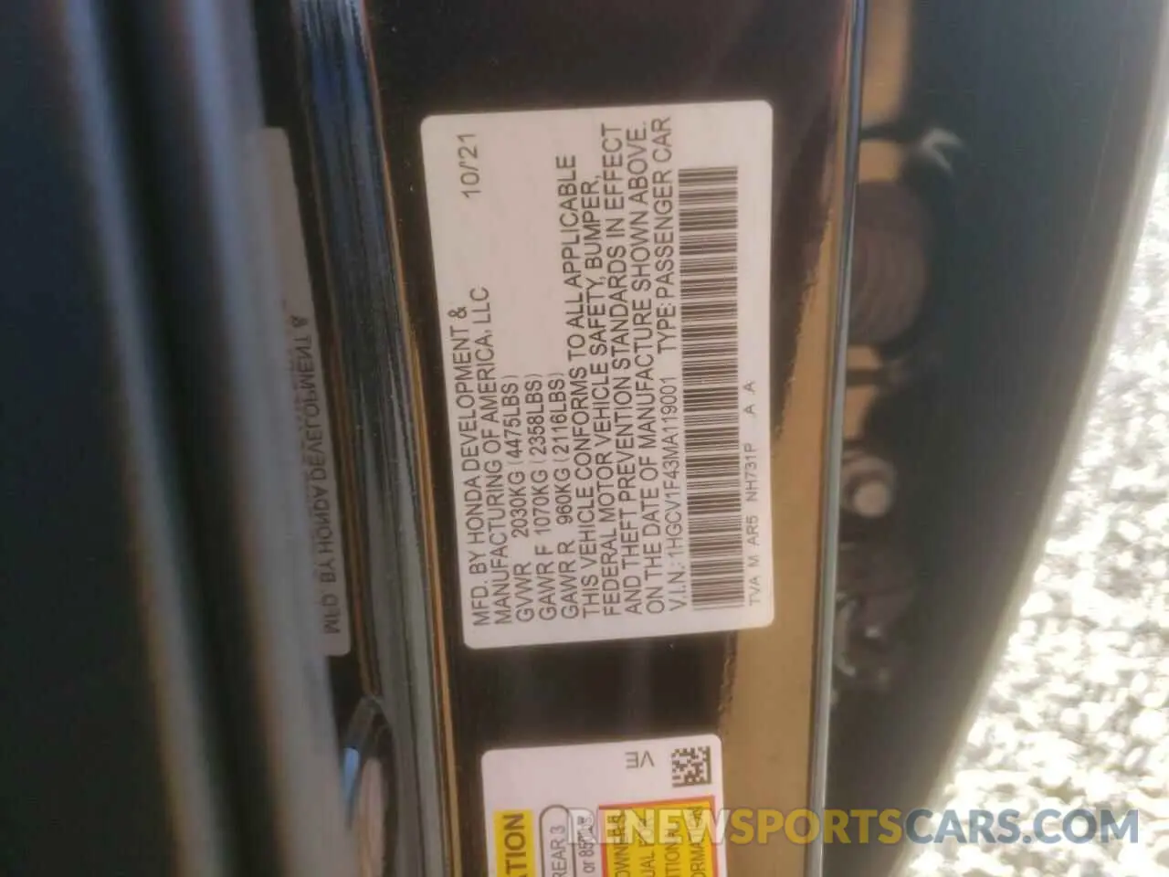 12 Photograph of a damaged car 1HGCV1F43MA119001 HONDA ACCORD 2021