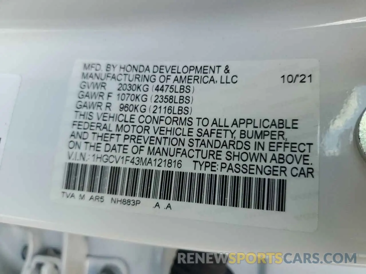 13 Фотография поврежденного автомобиля 1HGCV1F43MA121816 HONDA ACCORD 2021