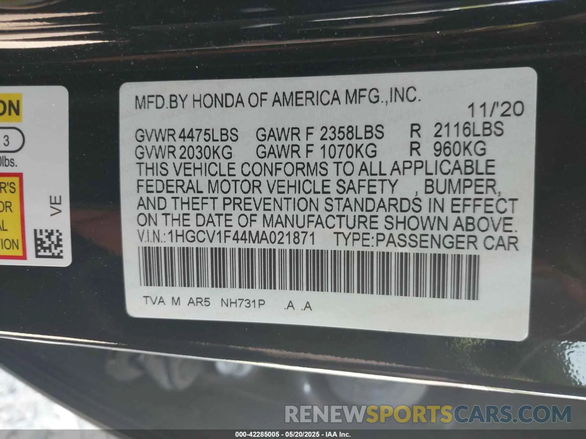 9 Photograph of a damaged car 1HGCV1F44MA021871 HONDA ACCORD 2021