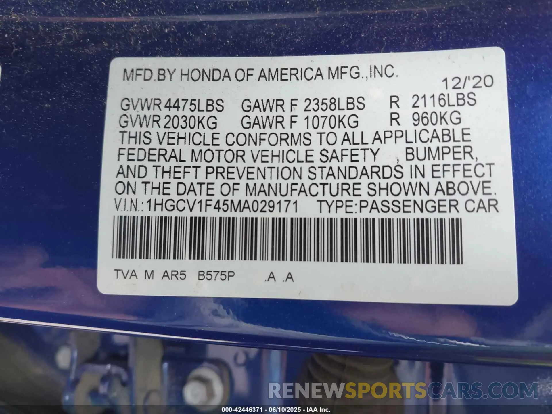 9 Photograph of a damaged car 1HGCV1F45MA029171 HONDA ACCORD 2021