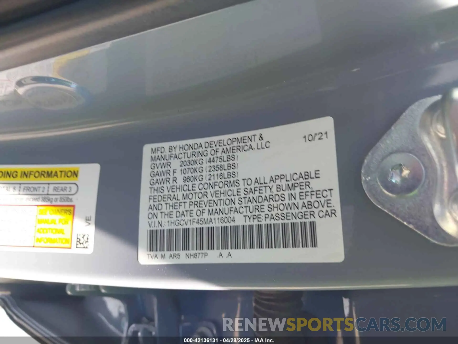 9 Фотография поврежденного автомобиля 1HGCV1F45MA116004 HONDA ACCORD 2021