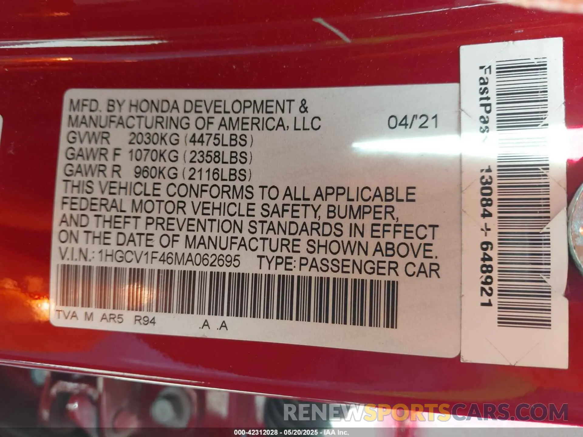 9 Photograph of a damaged car 1HGCV1F46MA062695 HONDA ACCORD 2021