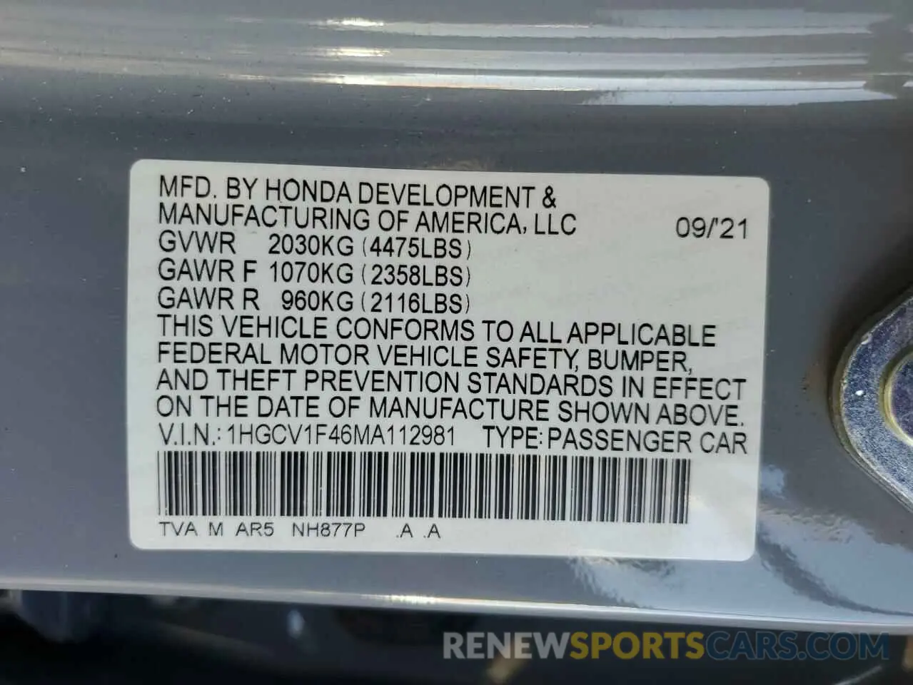14 Photograph of a damaged car 1HGCV1F46MA112981 HONDA ACCORD 2021