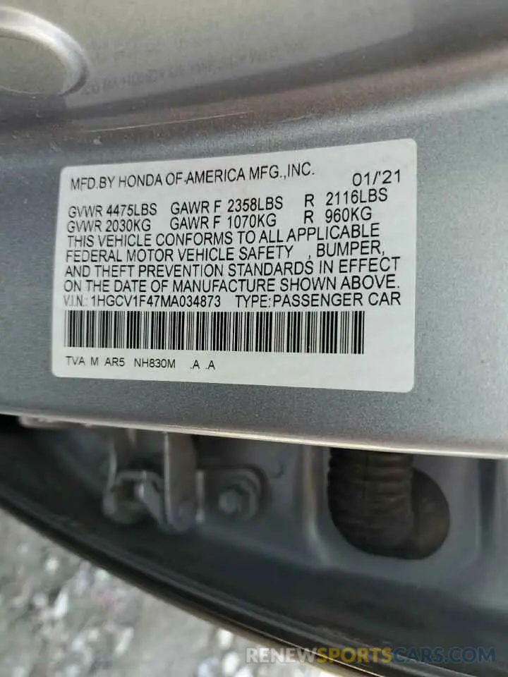 12 Фотография поврежденного автомобиля 1HGCV1F47MA034873 HONDA ACCORD 2021