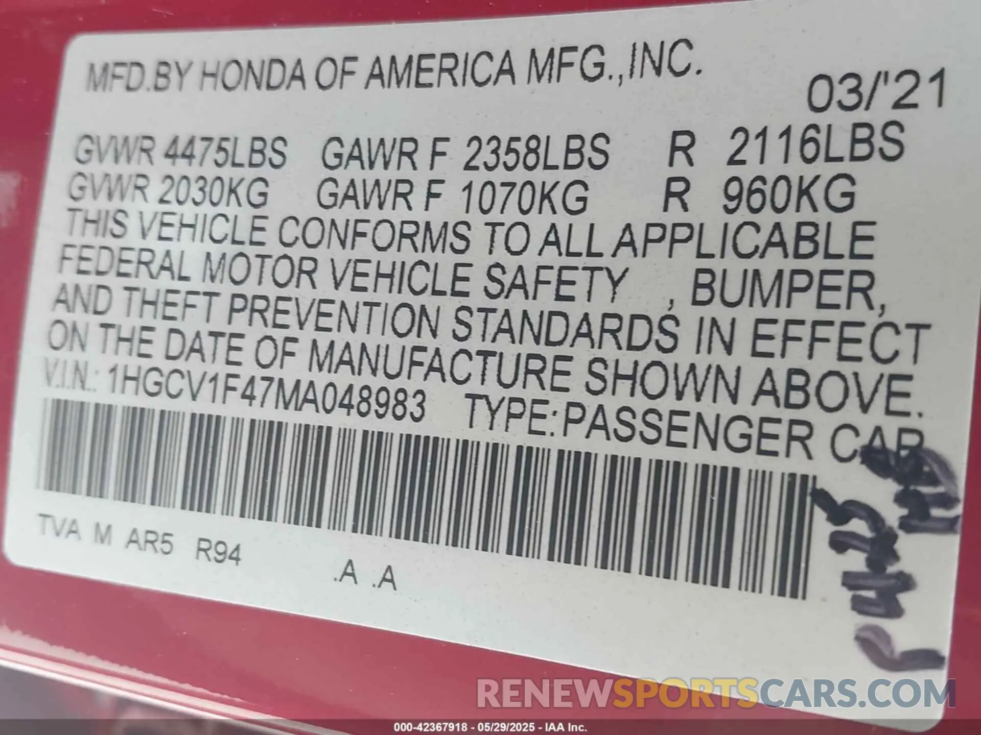 9 Фотография поврежденного автомобиля 1HGCV1F47MA048983 HONDA ACCORD 2021