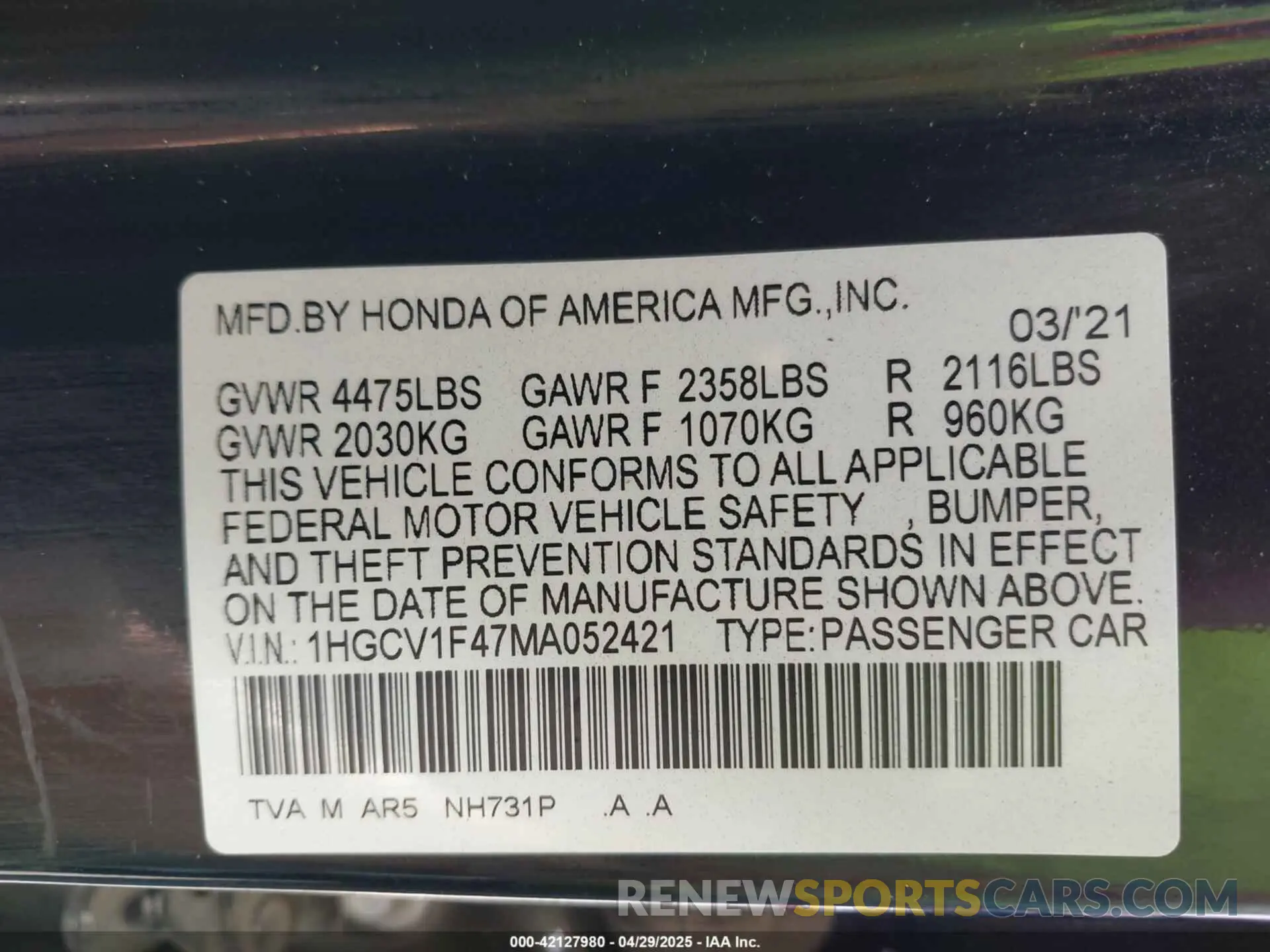 9 Фотография поврежденного автомобиля 1HGCV1F47MA052421 HONDA ACCORD 2021