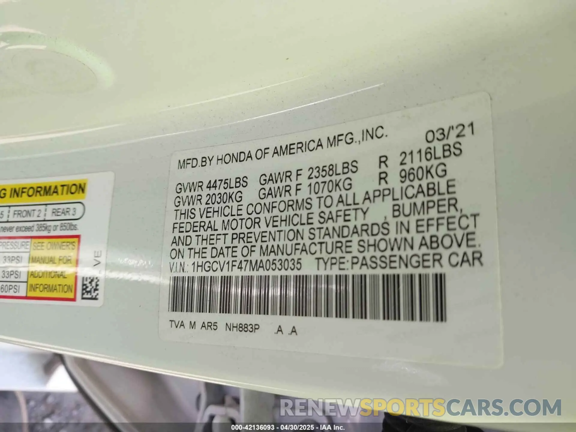 9 Photograph of a damaged car 1HGCV1F47MA053035 HONDA ACCORD 2021