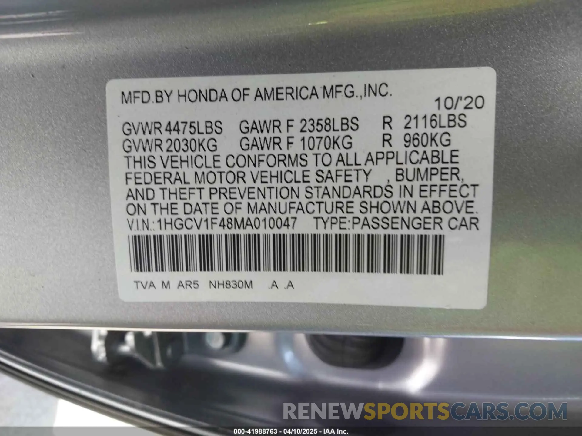 9 Фотография поврежденного автомобиля 1HGCV1F48MA010047 HONDA ACCORD 2021