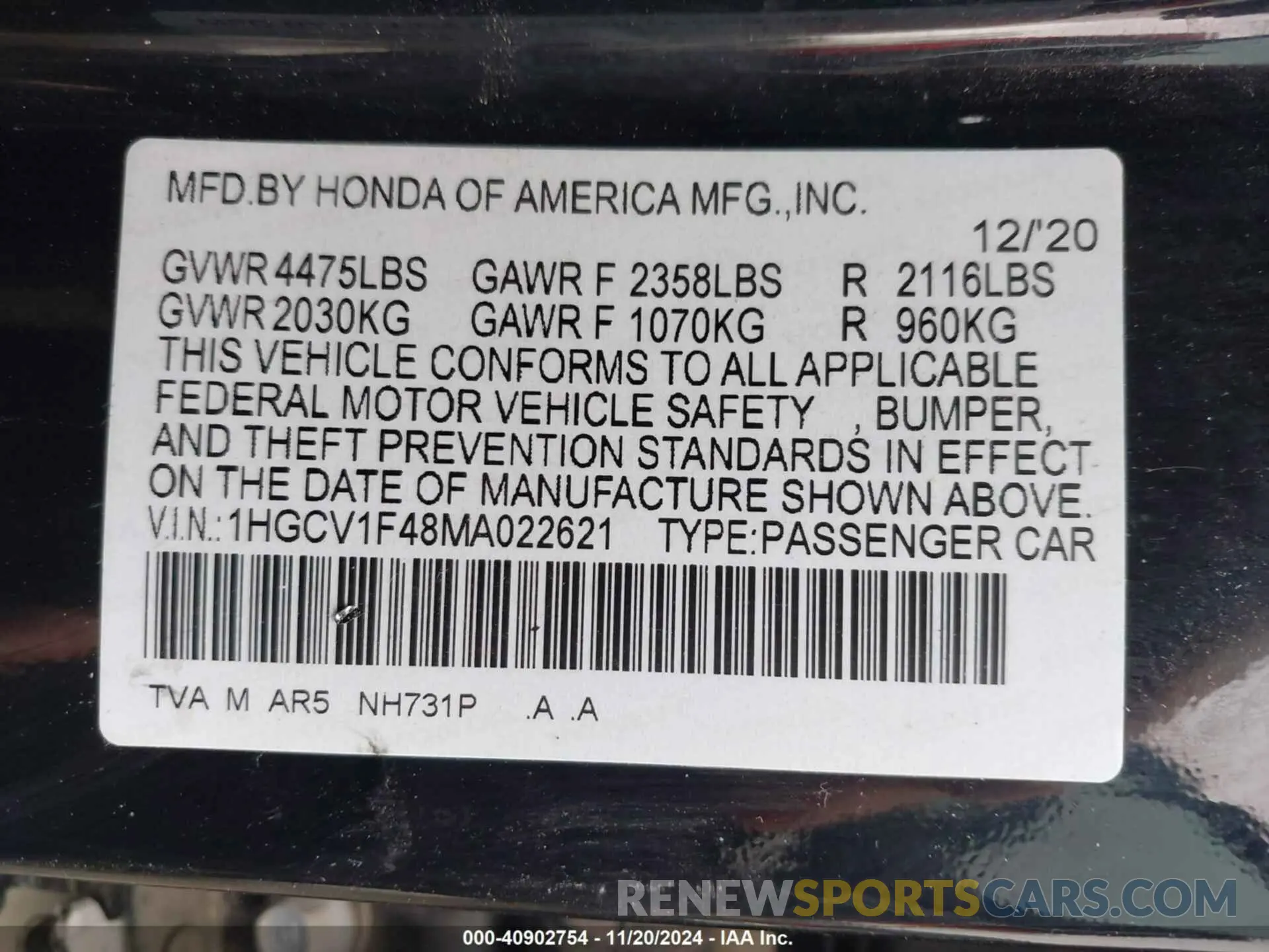 9 Photograph of a damaged car 1HGCV1F48MA022621 HONDA ACCORD 2021