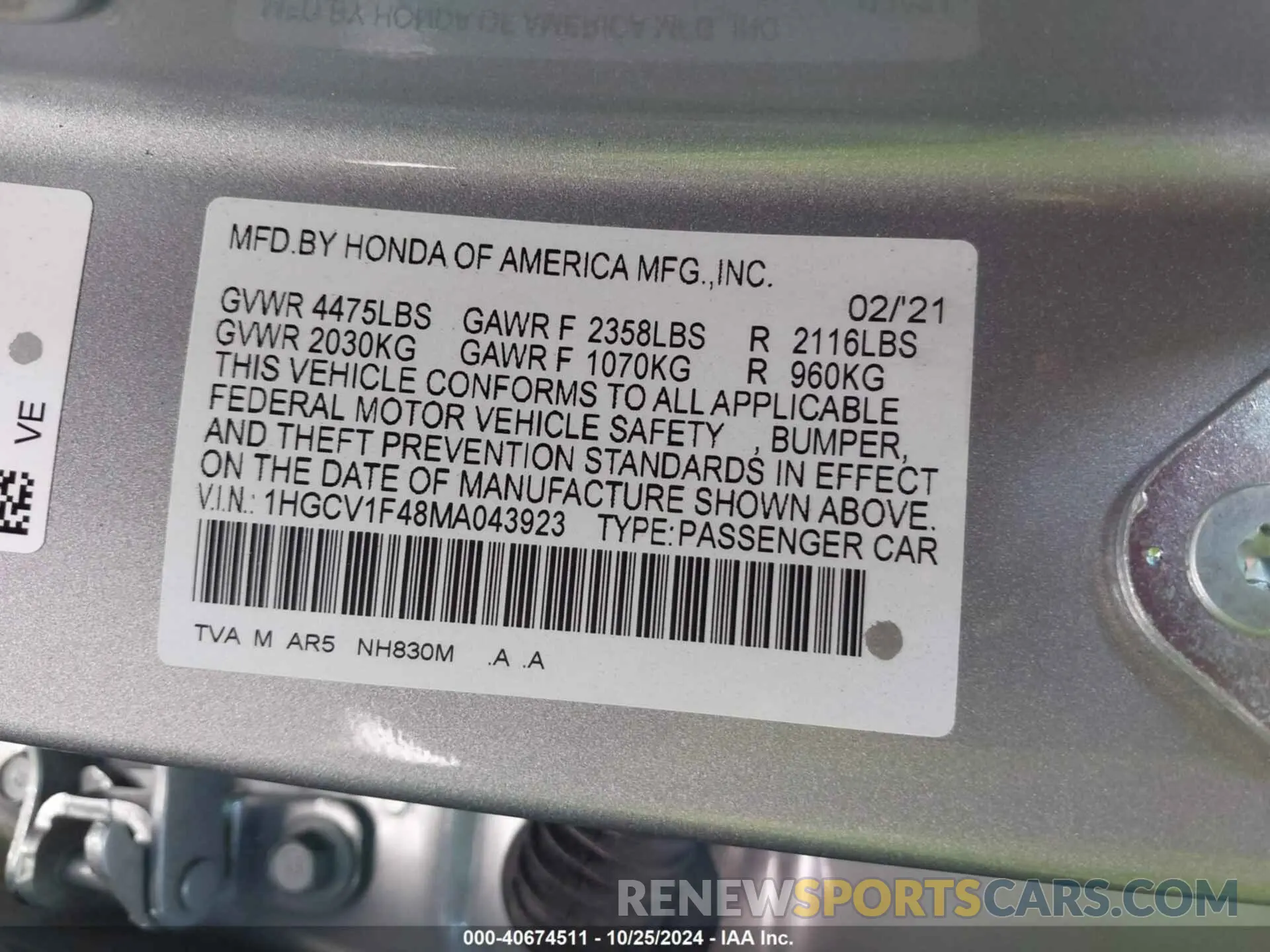 9 Photograph of a damaged car 1HGCV1F48MA043923 HONDA ACCORD 2021